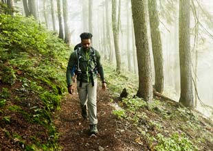 Man hiking along trail in forest on foggy morning